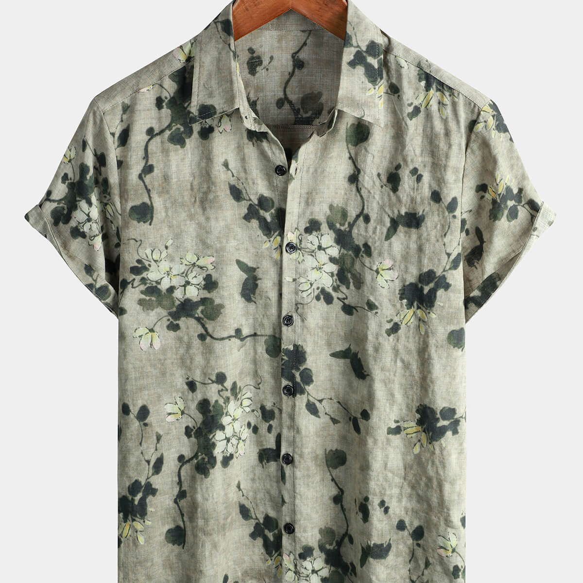 Men's Vintage Floral Cotton Breathable Short Sleeve Grey Button Up Shi ...