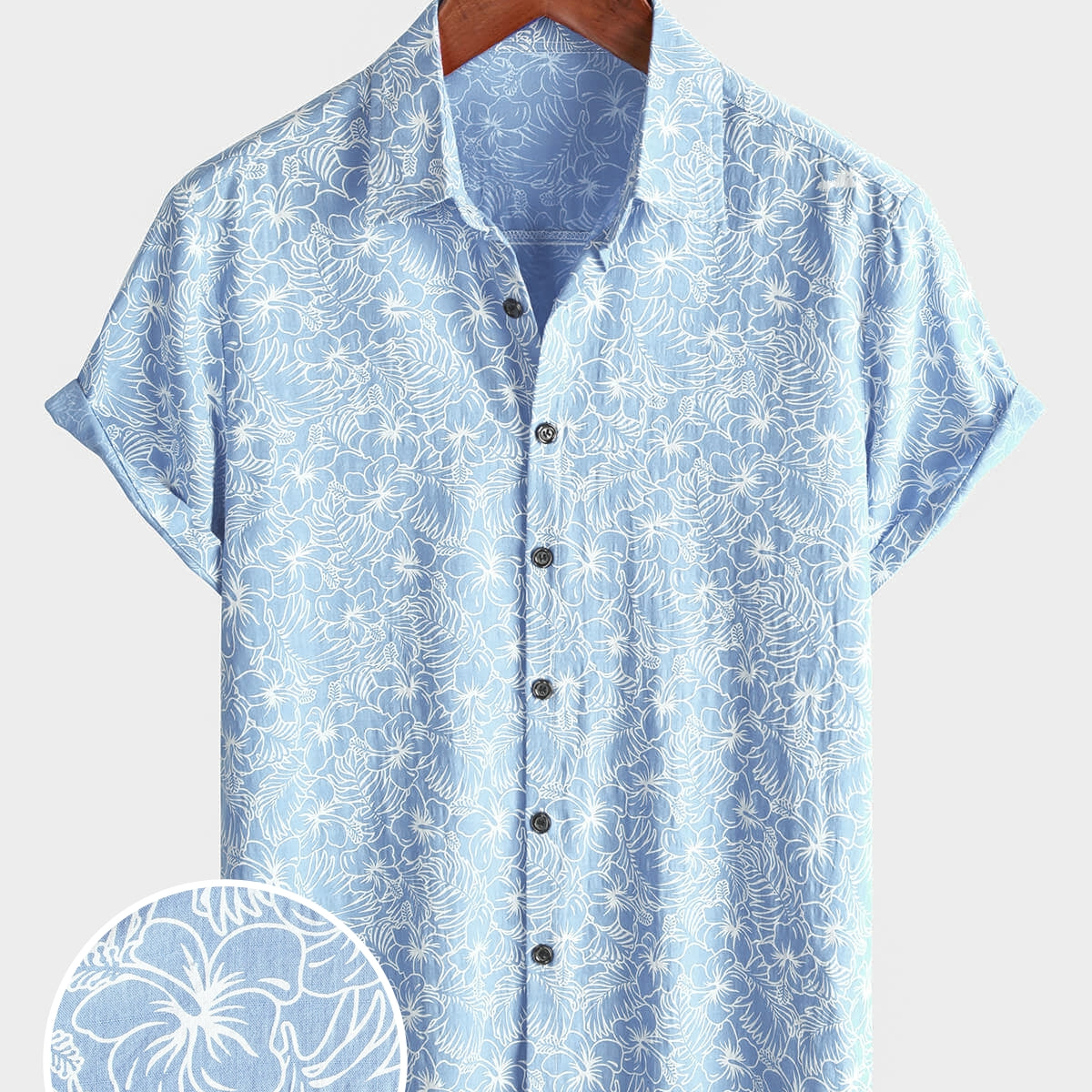 Men's Cotton Floral Holiday Flower Print Button Up Beach Light Blue Hawaiian Short Sleeve Shirt