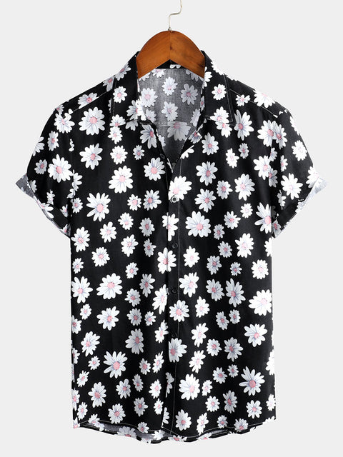 Men's Floral Daisy Print Tropical Hawaiian Cotton Flower Shirt ...